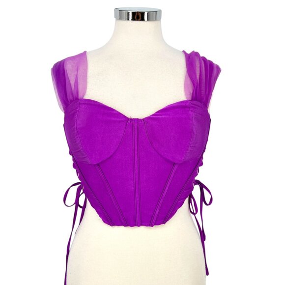 Privy Corset Style Mesh Crop Top Purple Sheer Sleeve Medium NWT - Picture 2 of 12